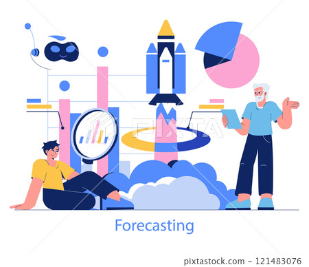 Forecasting concept. Analysts study data trends using graphs and magnifying glass. Strategic planning and market prediction. Vector illustration. Forecasting concept. Analysts study data trends using graphs and magnifying glass. Strategic planning and market prediction. Vector illustration. 121483076