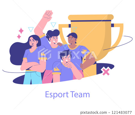 Esport Team concept. Diverse group of gamers celebrating victory with a trophy. Teamwork and competition in gaming tournaments. Vector illustration. 121483077