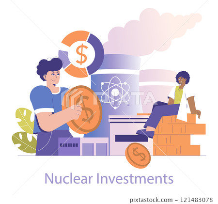 Nuclear power investment concept. Illustration of investors managing funds in atomic energy plants. Economic support for nuclear industry growth. Vector illustration. 121483078