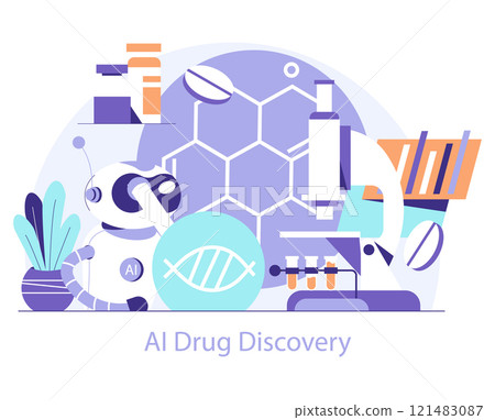 AI Drug Discovery concept. Robotics and advanced technology in pharmaceutical research. Machine learning for medical innovation. Vector illustration. 121483087