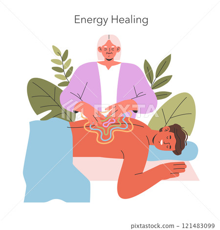 Energy Healing concept. A serene practitioner conducts a reiki session with colorful energy waves over a relaxed recipient. Inner wellbeing through spiritual practice. Vector illustration. Energy Healing concept. A serene practitioner conducts a reiki session with colorful energy waves over a relaxed recipient. Inner wellbeing through spiritual practice. Vector illustration. 121483099