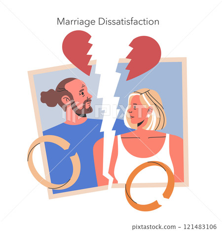 Marriage Dissatisfaction concept. A couple portrayed with a broken heart symbolizing relationship challenges. Relationship rift, emotional stress, and separation themes. Vector illustration. Marriage Dissatisfaction concept. A couple portrayed with a broken heart symbolizing relationship challenges. Relationship rift, emotional stress, and separation themes. Vector illustration. 121483106