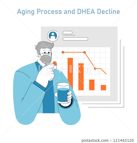 DHEA Supplement concept. An illustration portraying a man considering a DHEA pill against a backdrop chart of aging and hormone decline. Health monitoring and supplement intake. Vector illustration. DHEA Supplement concept. An illustration portraying a man considering a DHEA pill against a backdrop chart of aging and hormone decline. Health monitoring and supplement intake. Vector illustration. 121483120