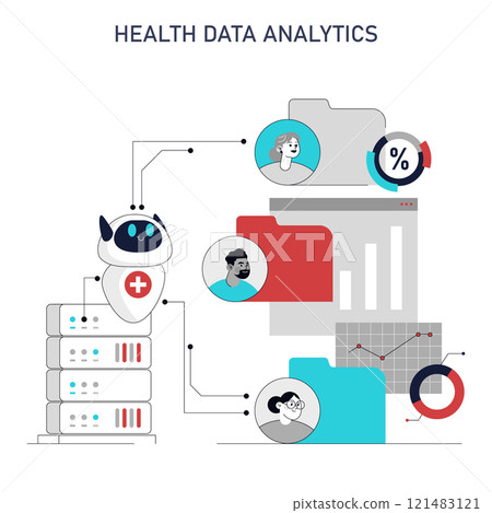 Health Data Analytics concept. A robot processes medical information, showcasing patient data analysis and electronic health technology. Vector illustration. 121483121