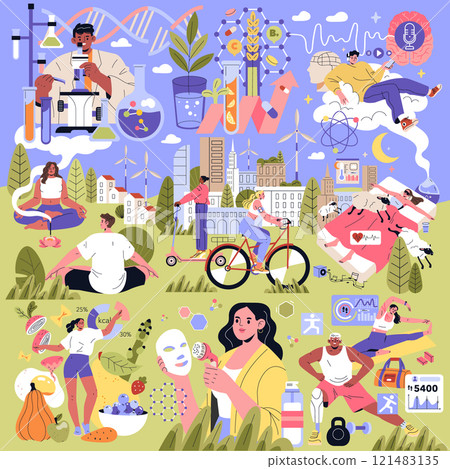 Biohacking concept. A diverse collection of activities embracing genetic experiments, meditation, cycling, and nutrition for wellness. Vector illustration. 121483135