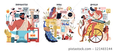 Olympic Gods set. Mythical deities Hephaestus, Hera, and Apollo reimagined with modern technology themes. Creative intersection of ancient mythology and AI. Vector illustration. Olympic Gods set. Mythical deities Hephaestus, Hera, and Apollo reimagined with modern technology themes. Creative intersection of ancient mythology and AI. Vector illustration. 121483144