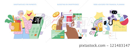 Financial Technologies set. Modern payment options, budget tracking, and robotic investment advice. Digital transaction evolution. Vector illustration. Financial Technologies set. Modern payment options, budget tracking, and robotic investment advice. Digital transaction evolution. Vector illustration. 121483147