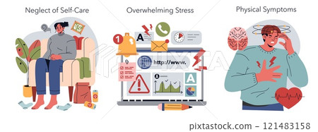 Burnout Signs set. Illustrations of a person's self-neglect, overwhelming stress, and physical symptoms. Portraying steps of burnout progression. Vector illustration. Burnout Signs set. Illustrations of a person's self-neglect, overwhelming stress, and physical symptoms. Portraying steps of burnout progression. Vector illustration. 121483158