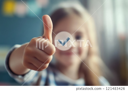 Child showing thumbs up approval, symbol of honesty and trust check sign 121483426