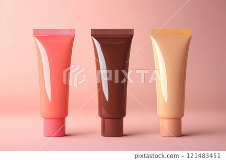 Three peach, nude, pink, sand, brown color cosmetic tube package mockup template Three peach, nude, pink, sand, brown color cosmetic tube package mockup template 121483451