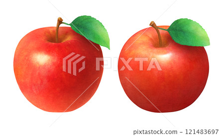 手繪水彩插圖集紅蘋果和葉子_新鮮水果 121483697