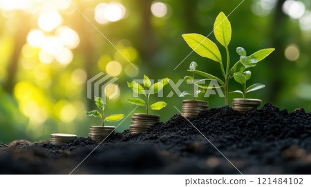 A series of plants growing in the dirt with coins on top of them 121484102