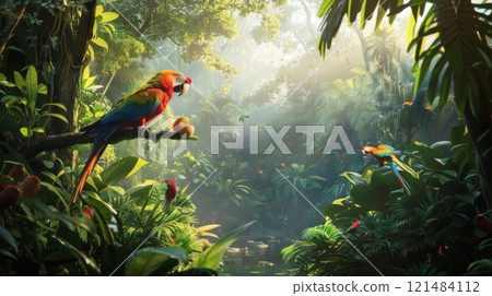 Two parrots are perched on a branch in a lush green jungle 121484112