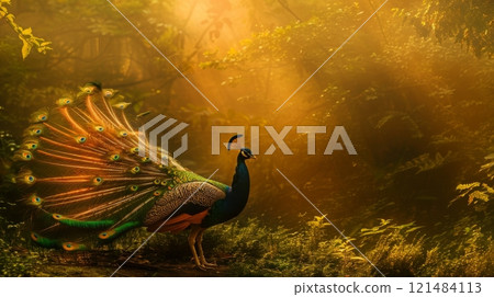A peacock is walking through a forest with sunlight shining through the trees 121484113