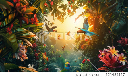 A colorful jungle scene with birds flying around and flowers blooming 121484117