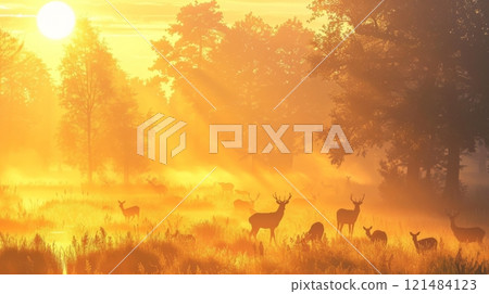 A herd of deer are grazing in a field with the sun shining through the trees 121484123
