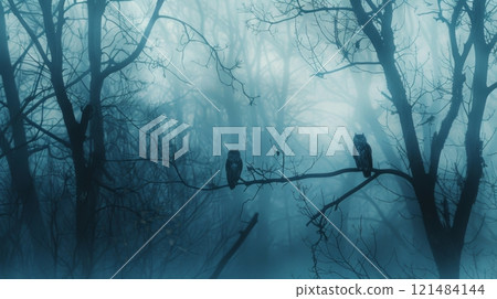 Two owls are perched on a tree branch in a foggy forest 121484144