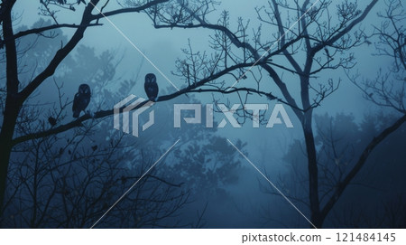Two owls are perched on a tree branch in a foggy forest 121484145