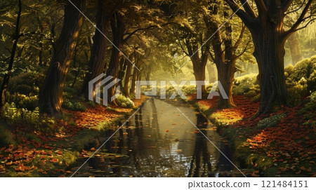 A painting of a forest path with a pond in the foreground A painting of a forest path with a pond in the foreground 121484151