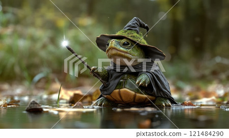 A small green turtle is wearing a black hat and holding a wand 121484290