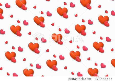 白色背景與浪漫的心形圖案重疊立體木紅心 白色背景與浪漫的心形圖案重疊立體木紅心 121484377