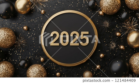 A black and gold background with a gold circle with the number 25 in gold A black and gold background with a gold circle with the number 25 in gold 121484409