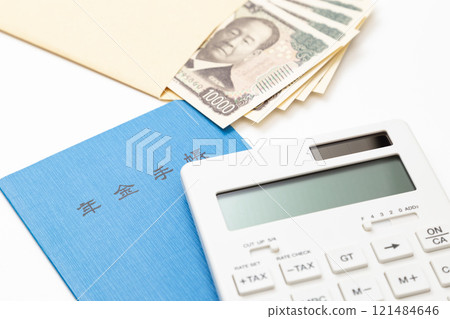 Calculator, pension book and money Calculator, pension book and money 121484646