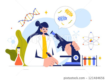 Biology Vector Illustration featuring DNA Gene Molecule, Virus, Genetic Biotechnology, Chemistry, Genome, and Science in a Flat Style Background 121484656