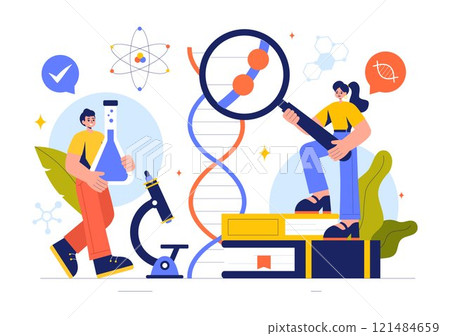 Biology Vector Illustration featuring DNA Gene Molecule, Virus, Genetic Biotechnology, Chemistry, Genome, and Science in a Flat Style Background 121484659