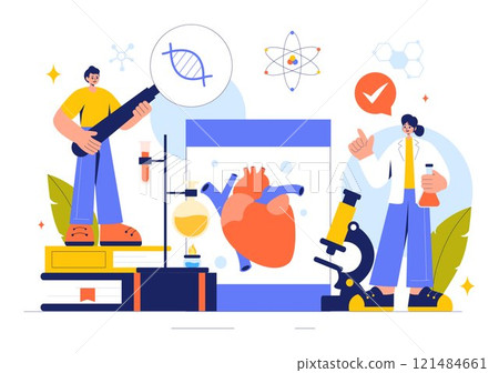 Biology Vector Illustration featuring DNA Gene Molecule, Virus, Genetic Biotechnology, Chemistry, Genome, and Science in a Flat Style Background 121484661