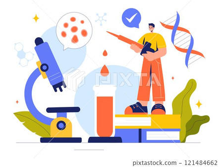 Biology Vector Illustration featuring DNA Gene Molecule, Virus, Genetic Biotechnology, Chemistry, Genome, and Science in a Flat Style Background 121484662