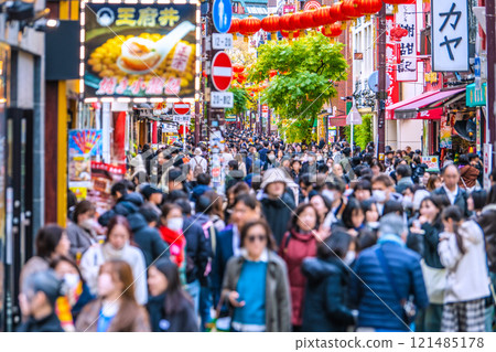 Yokohama cityscape in Japan 2025 Chinese New Year lanterns. Chinatown Boulevard is filled with a threatening amount of people... A ray of hope for a new era... 121485178