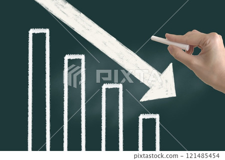 A person writing a downward graph on a blackboard A person writing a downward graph on a blackboard 121485454