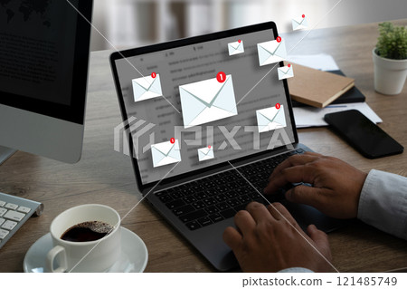 man reading e-mail on smartphone email inbox Communication Connection message to mailing contacts phone Global Letters Concept 121485749