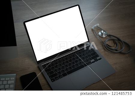doctor person using computer mockup with white screen copy space in hospital medical healthcare tech website 121485753