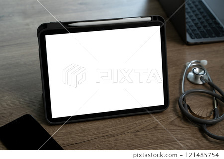 man working Businessman using a desktop computer of the blank screen at the wooden working desk. 121485754