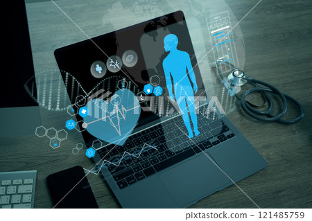 Medicine doctor Health Check on virtual screen disease Online medical consultation 121485759
