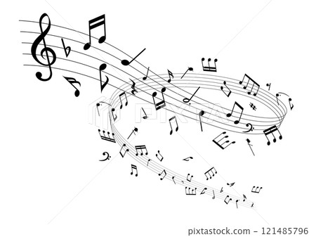 Spiral music: A vector illustration of musical notes flying around a musical staff Spiral music: A vector illustration of musical notes flying around a musical staff 121485796