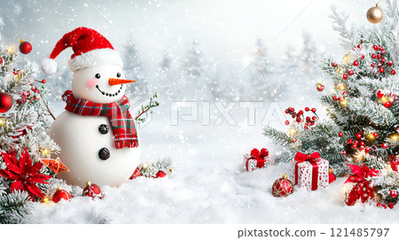 snowman with snow in the forest snowman with snow in the forest 121485797