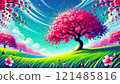 Illustration of a landscape with spring cherry blossoms, meadow and clouds 121485816