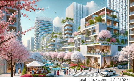 Cherry blossoms in full bloom at Minato Mirai Park 121485824