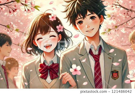 Elementary school students taking a commemorative photo among the cherry blossoms 121486042