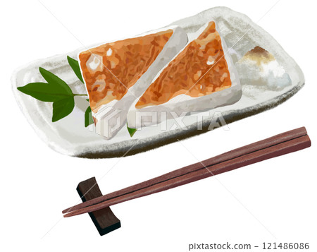 Hanpen (fried fish cake) plate with chopsticks Hanpen (fried fish cake) plate with chopsticks 121486086