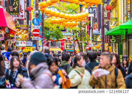 Yokohama cityscape in Japan 2025 Chinese New Year lanterns. Bustling Chinatown Boulevard... Fun food tour... A ray of hope for a new era... 121486127