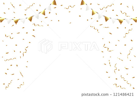 Vector illustration of gold confetti and garland Golden confetti frame 121486421