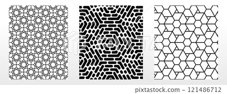 Geometric set of seamless black and white patterns. Simple vector graphics. 121486712