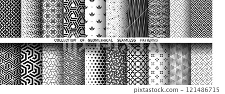 Geometric set of seamless black and white patterns. Simple vector graphics. 121486715