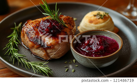 baked chicken with cranberry sauce 121486719