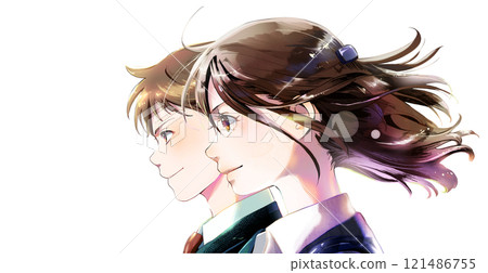 Profile illustration of working men and women, individual figures (including the top of the head), side by side, woman in front, no season, no background, Profile illustration of working men and women, individual figures (including the top of the head), side by side, woman in front, no season, no background, 121486755