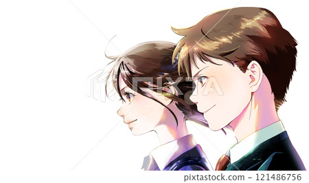 職業婦女側面圖,單身(直到頭頂),並排,男性在前,沒有季節,沒有背景, 職業婦女側面圖,單身(直到頭頂),並排,男性在前,沒有季節,沒有背景, 121486756